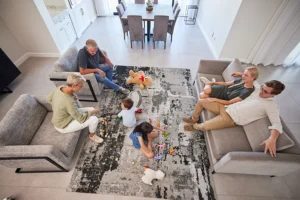 Adults gathered around a new distressed area rug with children playing with toys on the rug in a Springfield, IL home.