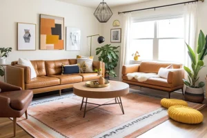 Modern living room with tan leather sofa and a rug that compliments the space in a Springfield, IL home.