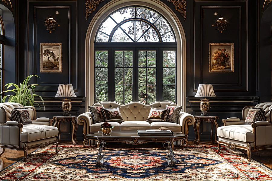 A beautiful, vintage living room inside an older home in Springfield, IL, decorated with classic interior design themes including plants, vintage furniture, and an exquisite Persian rug covering the wooden flooring.