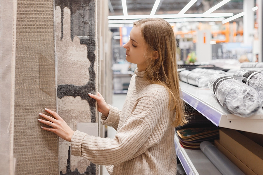 Woman shopping in-store looking through different outdoor rugs in Springfield, IL.