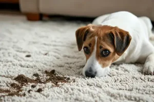 The Rug Rack & Murphy Rug Cleaners—A small dog tracks in dirt, staining an old rug in a Springfield, IL home.