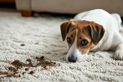 The Rug Rack & Murphy Rug Cleaners—A small dog tracks in dirt, staining an old rug in a Springfield, IL home.