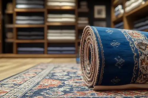 The Rug Rack & Murphy Rug Cleaners - A blue, rolled area rug resting on a large closet floor for storage purposes.