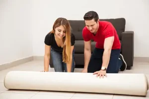 The Rug Rack & Murphy Rug Cleaners – a smiling couple unrolling a rug that has been properly stored with eco-friendly storage options in Springfield, Illinois.
