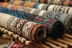 The Rug Rack & Murphy Rug Cleaners—Rolled-up rugs on display in a shop in Springfield, IL.