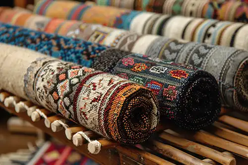 The Rug Rack & Murphy Rug Cleaners—Rolled-up rugs on display in a shop in Springfield, IL.