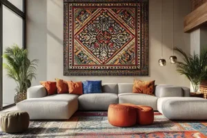 The Rug Rack & Murphy’s Rug Cleaners—A living room with a large rug as a wall hanging in a home in Springfield, IL.