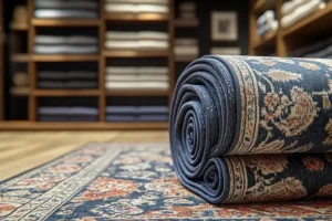 The Rug Rack & Murphy Rug Cleaners - A blue, rolled area rug resting on a large closet floor for storage purposes.