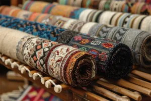The Rug Rack & Murphy Rug Cleaners—Rolled-up rugs on display in a shop in Springfield, IL.