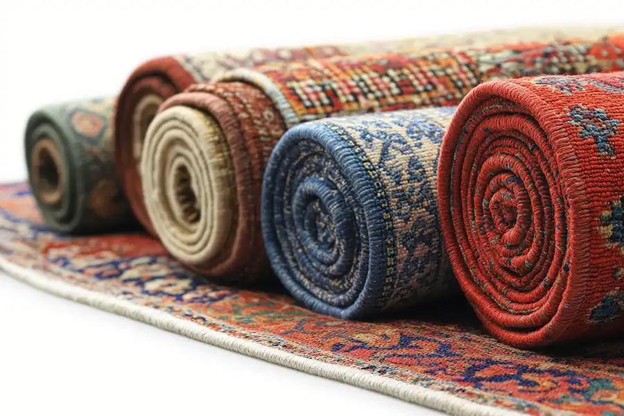 The Rug Rack & Murphy Rug Cleaners—Vibrant collection of hand-woven oriental rugs rolled up to be stored properly in a location in Springfield, IL.