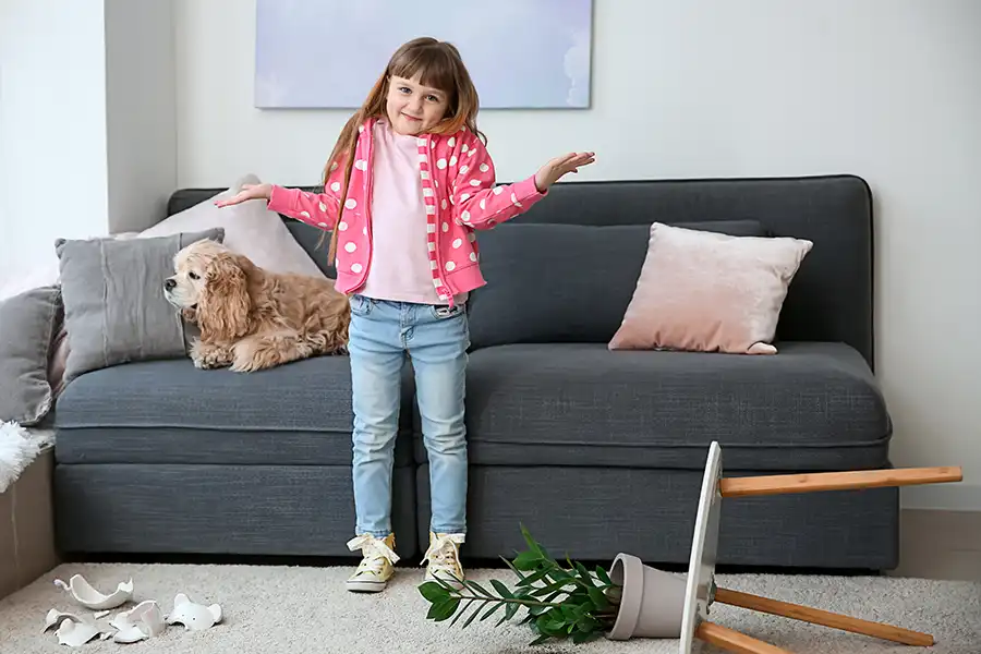 The Rug Rack & Murphy Rug Cleaners—A young girl stands on a dirty rug in a home in Springfield, IL.