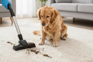 The Rug Rack & Murphy Rug Cleaners—A golden retriever dog watches as someone cleans dirt from a rug in a Springfield, IL home.