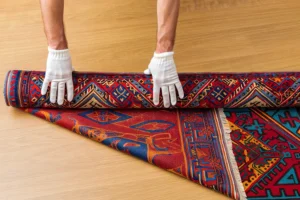 The Rug Rack & Murphy Rug Cleaners—Hands in white gloves rolling up a colorful oriental rug on a wooden floor to store it for the season in a home in Springfield, IL.