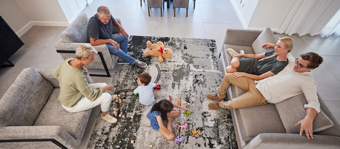 Adults gathered around a new distressed area rug with children playing with toys on the rug in a Springfield, IL home.
